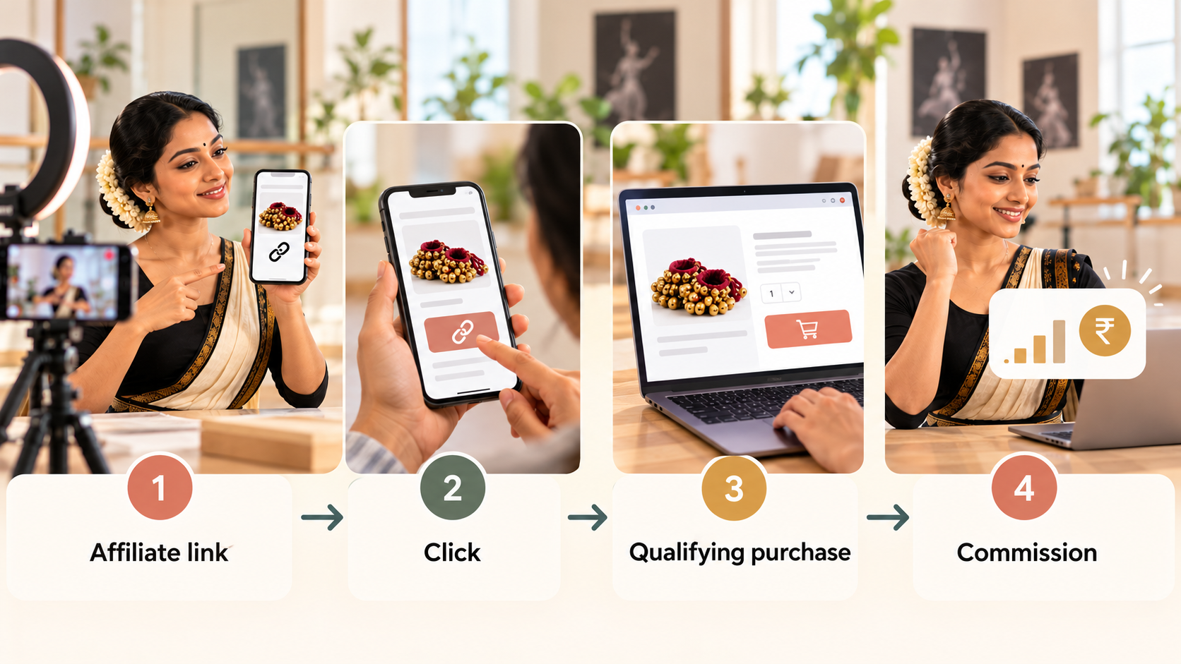 Affiliate marketing process for dance creators showing an affiliate link, customer click, qualifying purchase and commission