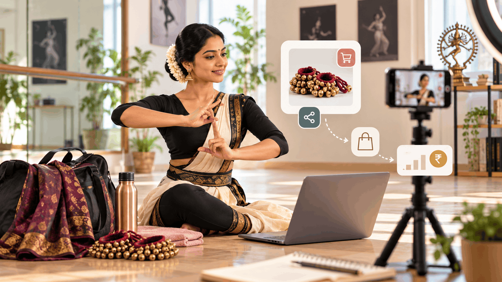 Indian classical dancer creating online dance content and promoting dance accessories through affiliate marketing