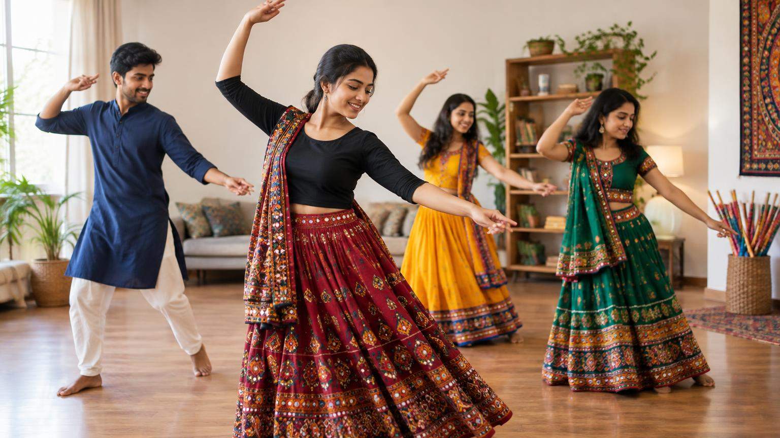AI editorial illustration: Garba Dance Steps for Beginners: Learn Easy Moves at Home (featured)