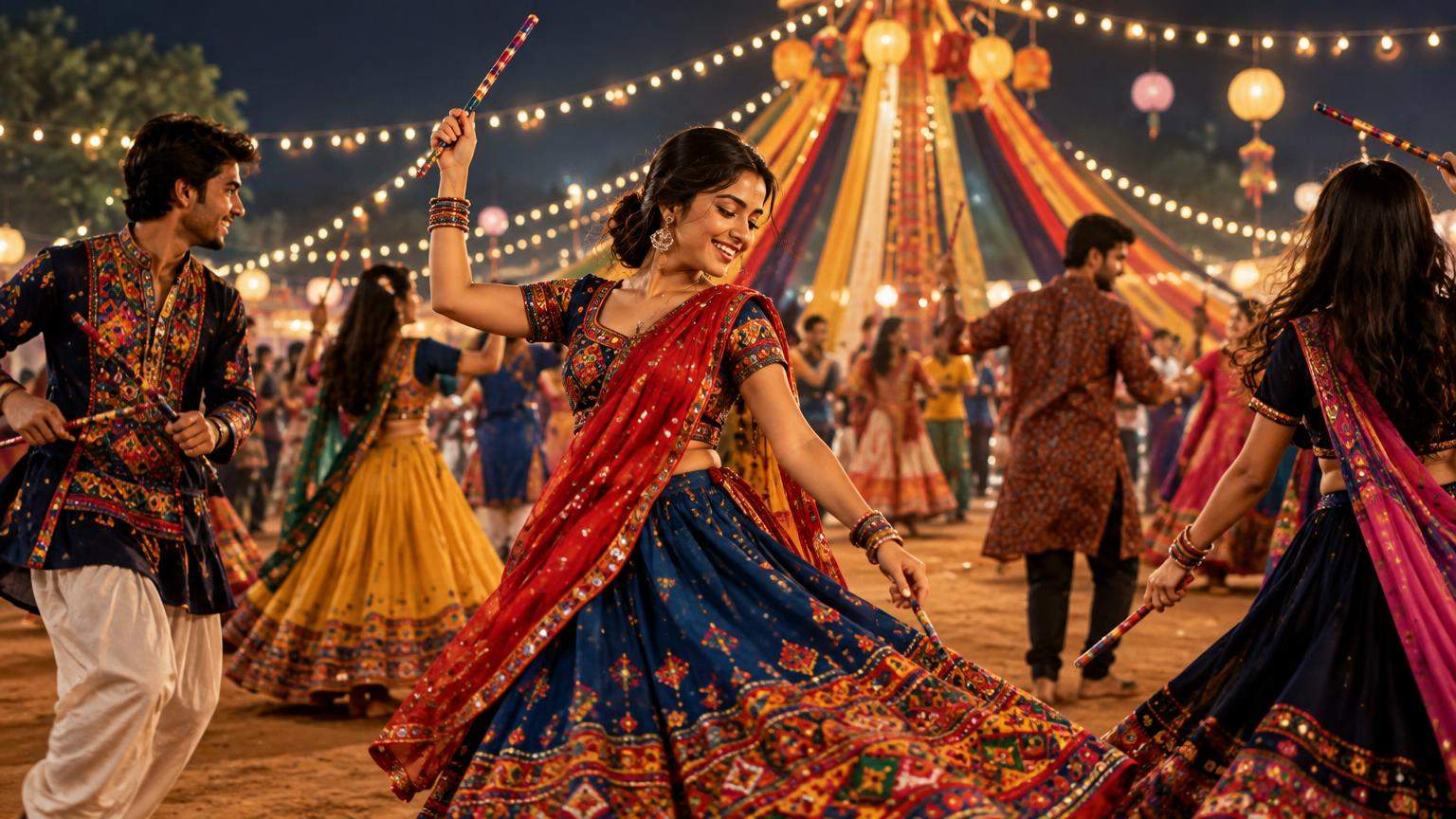 AI editorial illustration: Navratri Garba Night Guide: Outfits, Dance Tips and Etiquette for Beginners (featured)